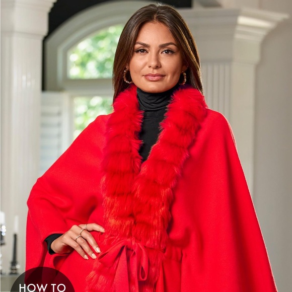 Boston proper Faux Fur Tie Waist Poncho Cape Racing Red size l/xl - Picture 2 of 4